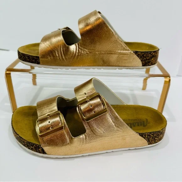 ๐ฉท AUSTIN TRADING CO. WOMENS ROSE GOLD DUAL STRAP CORK SLIDES SIZE 7 GOOD - Picture 1 of 13